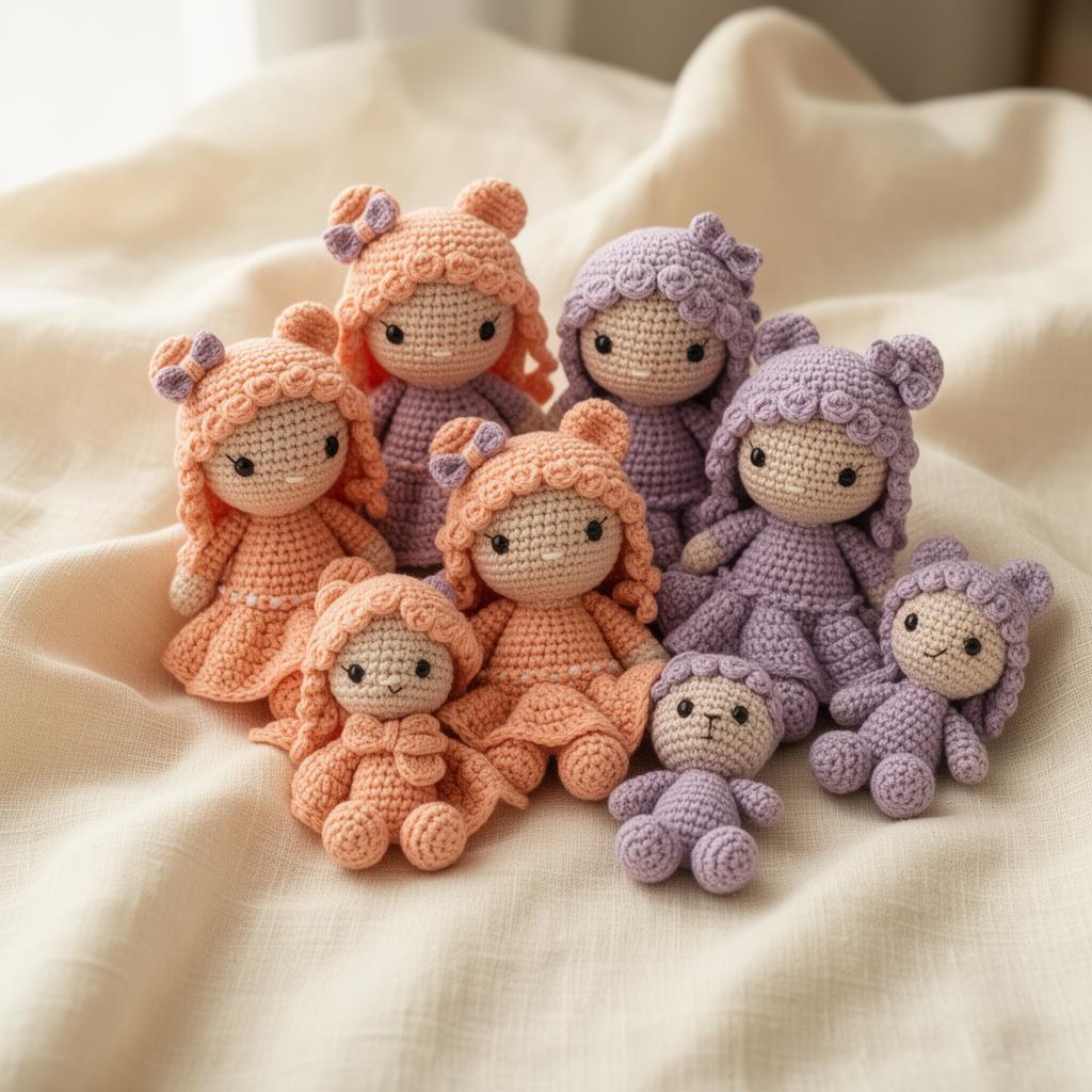 Coleção de amigurumis feitos à mão em tons pastel